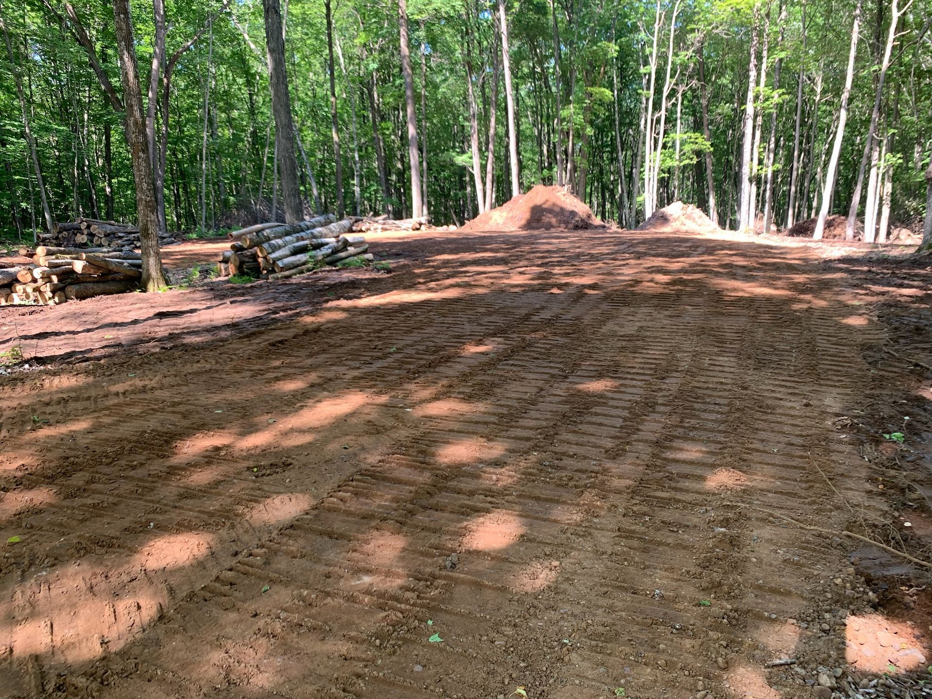 Cleared land, dirt, ready for construction, with tire tracks. Logs and forest in the background.