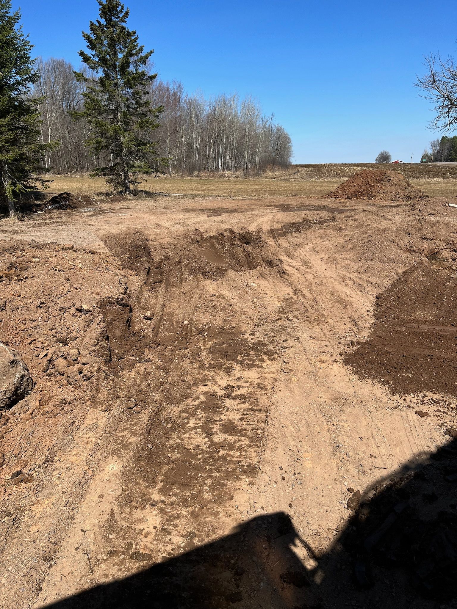 Dirt clearing in a field, with trees in the background under a blue sky.