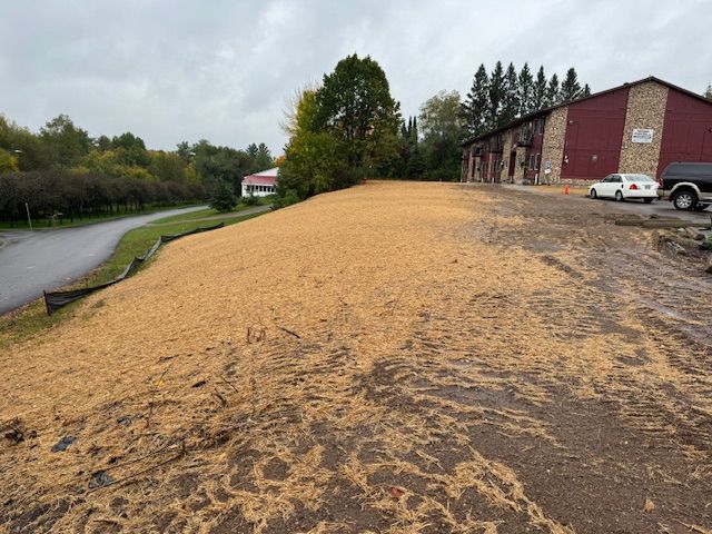 A sloped dirt area covered in wood chips, next to a red barn. A road and trees are visible in the background.