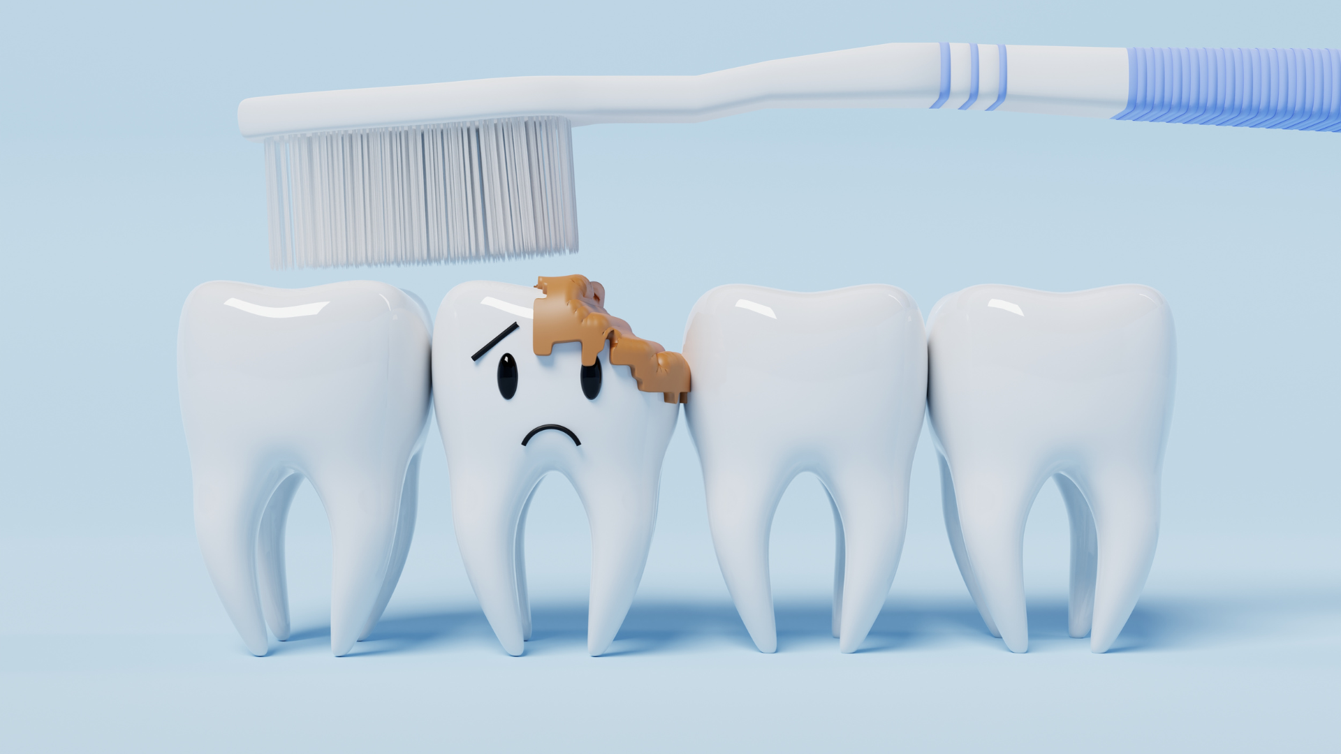 Tooth being brushed with visible cavity damage, surrounded by healthy teeth on a blue background