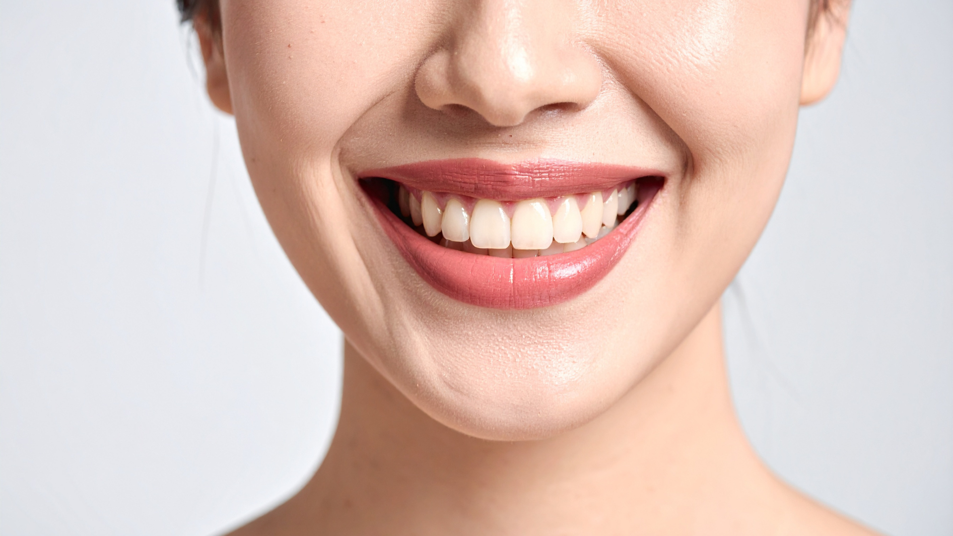 Close-up of a smiling mouth with glossy red lipstick and white teeth