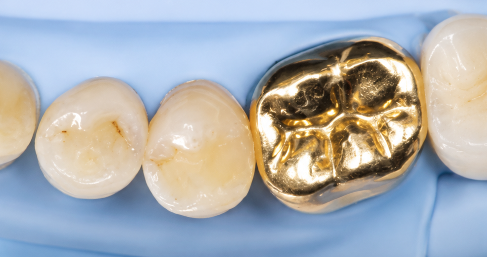 Close-up of gold dental crown beside natural teeth and blue dental dam