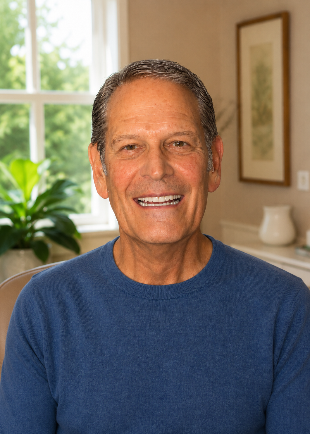 Smiling professional in a blue blouse against a bright office-like background