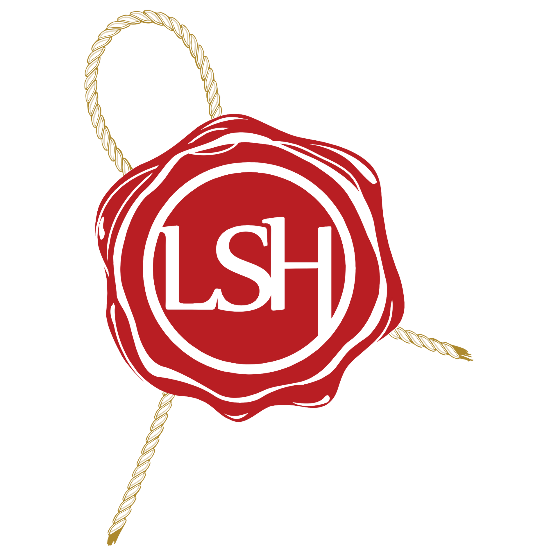 Red wax seal logo with white “LSH” letters and a gold braided cord on a white background
