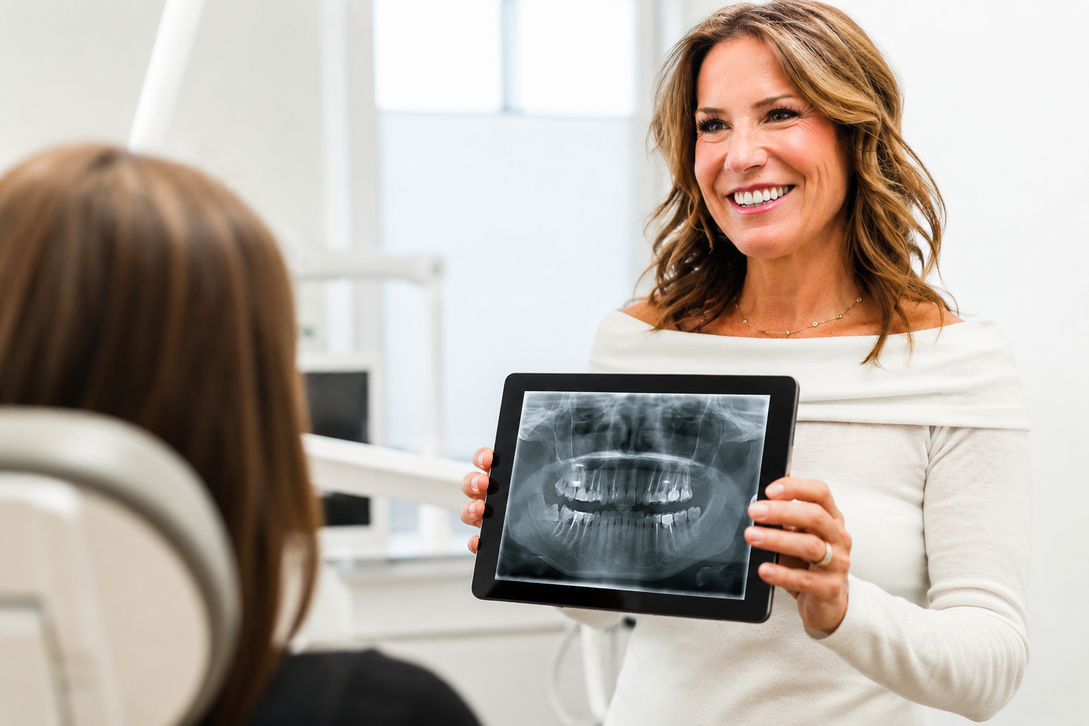Woman in white shirt holding a dental X-ray and smiling in a clinic