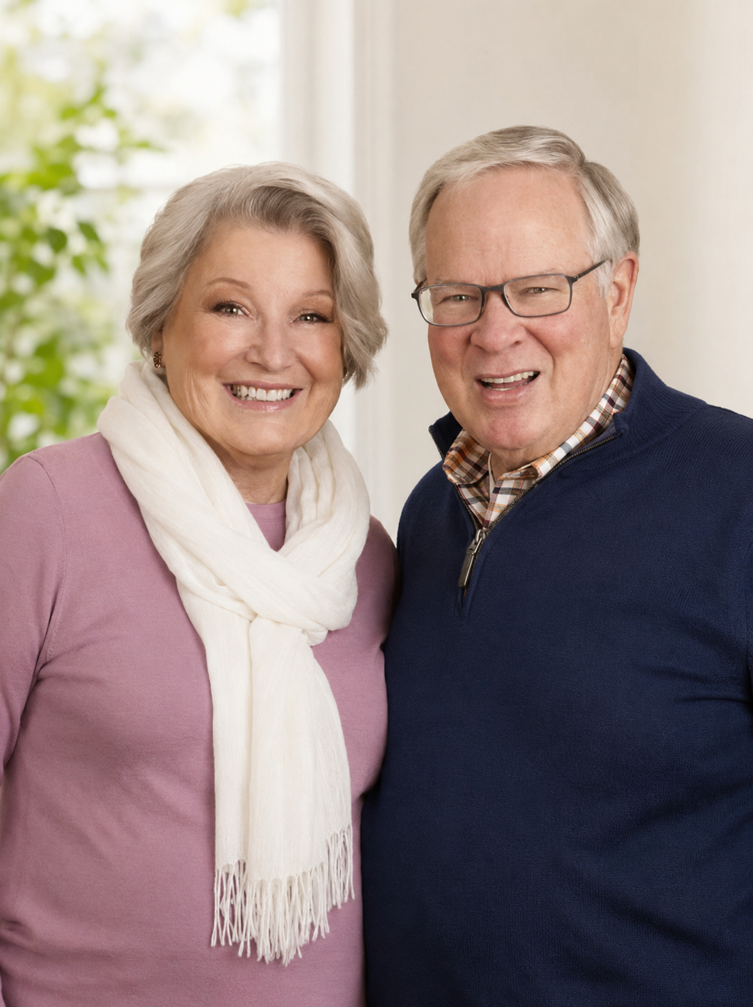 Smiling couple standing together indoors, the woman in a pink sweater and white scarf, the man in a navy sweater.