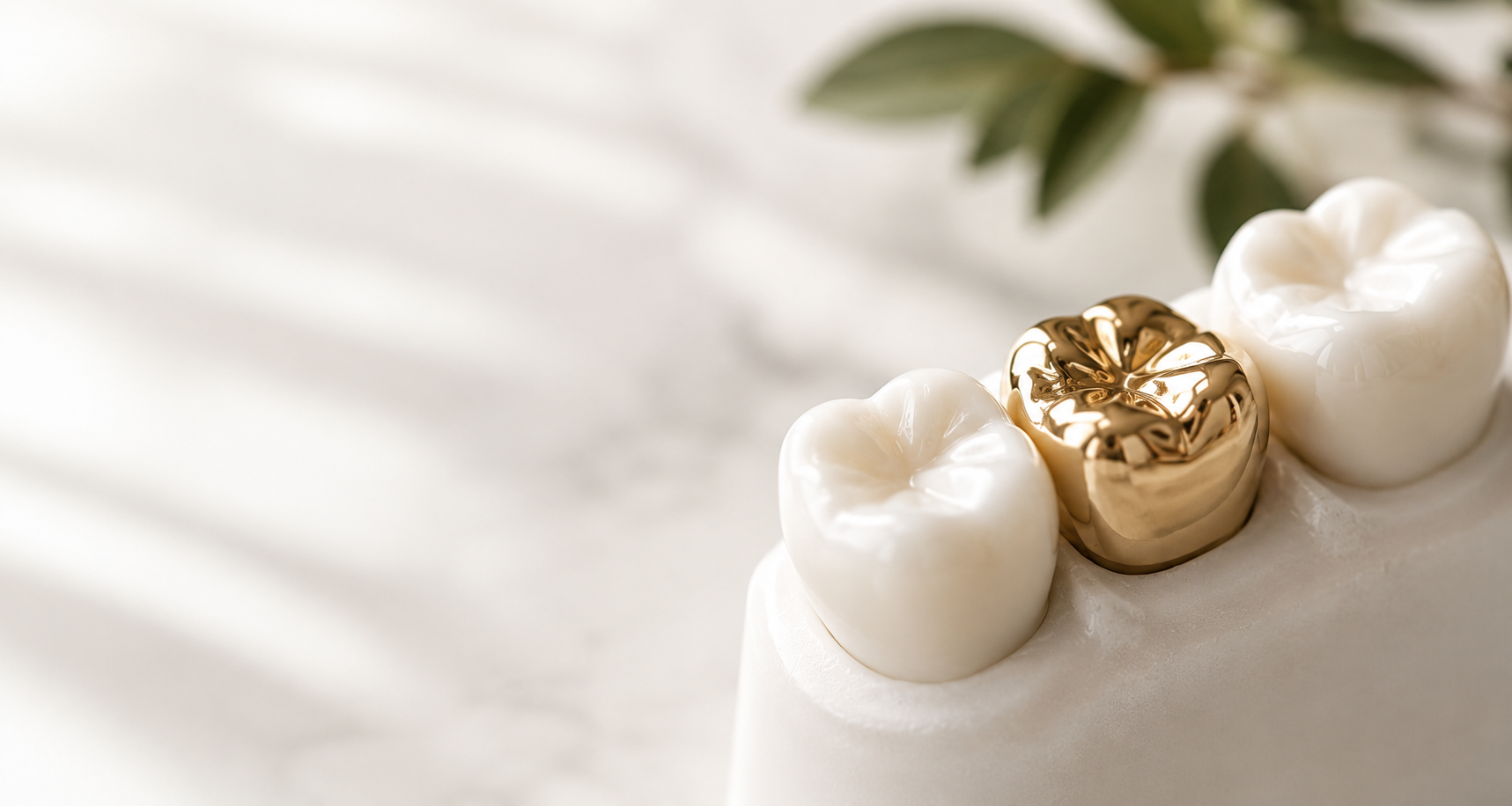 Before-and-after dental photo showing a gold crown replacing a damaged tooth on a blue rubber dam.