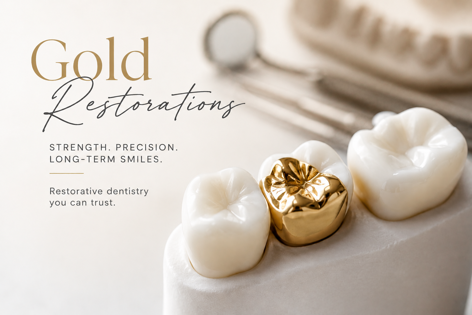Gold and white dental crowns on a model tooth with “Gold Restorations” text overlay