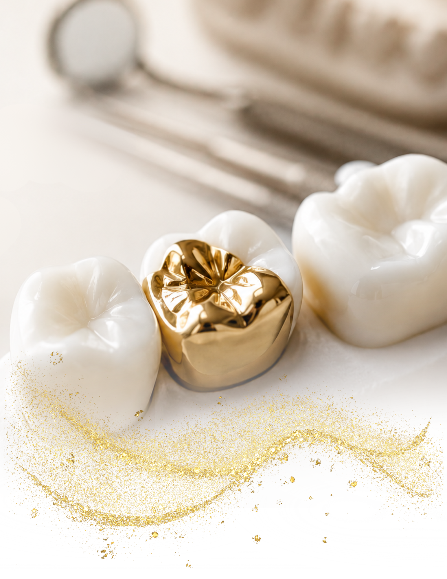 White and gold dental crowns on a white surface with gold powder accents