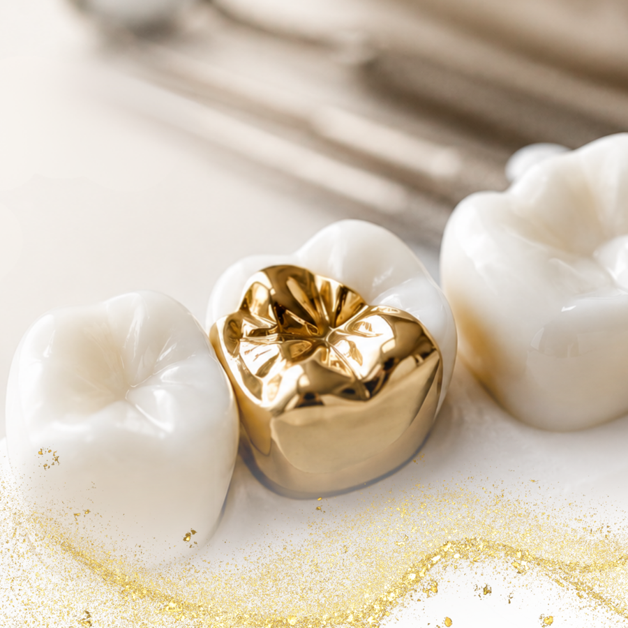 White and gold teeth-shaped candies on a light surface with gold dust