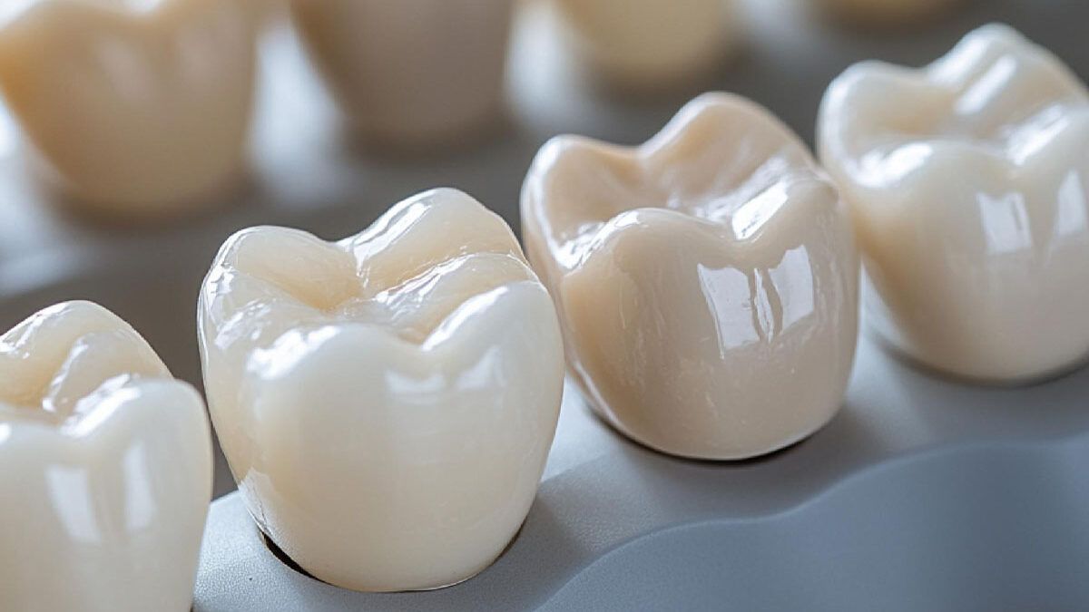 Row of realistic white dental crowns or tooth models on a gray surface