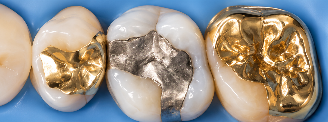 Close-up of three teeth with gold and silver dental fillings