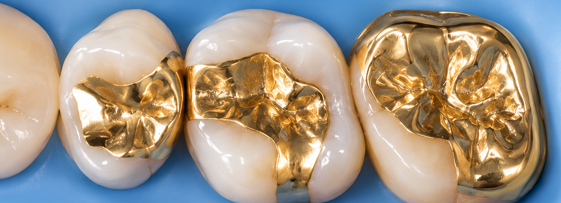 Three teeth with shiny gold dental fillings on a white background