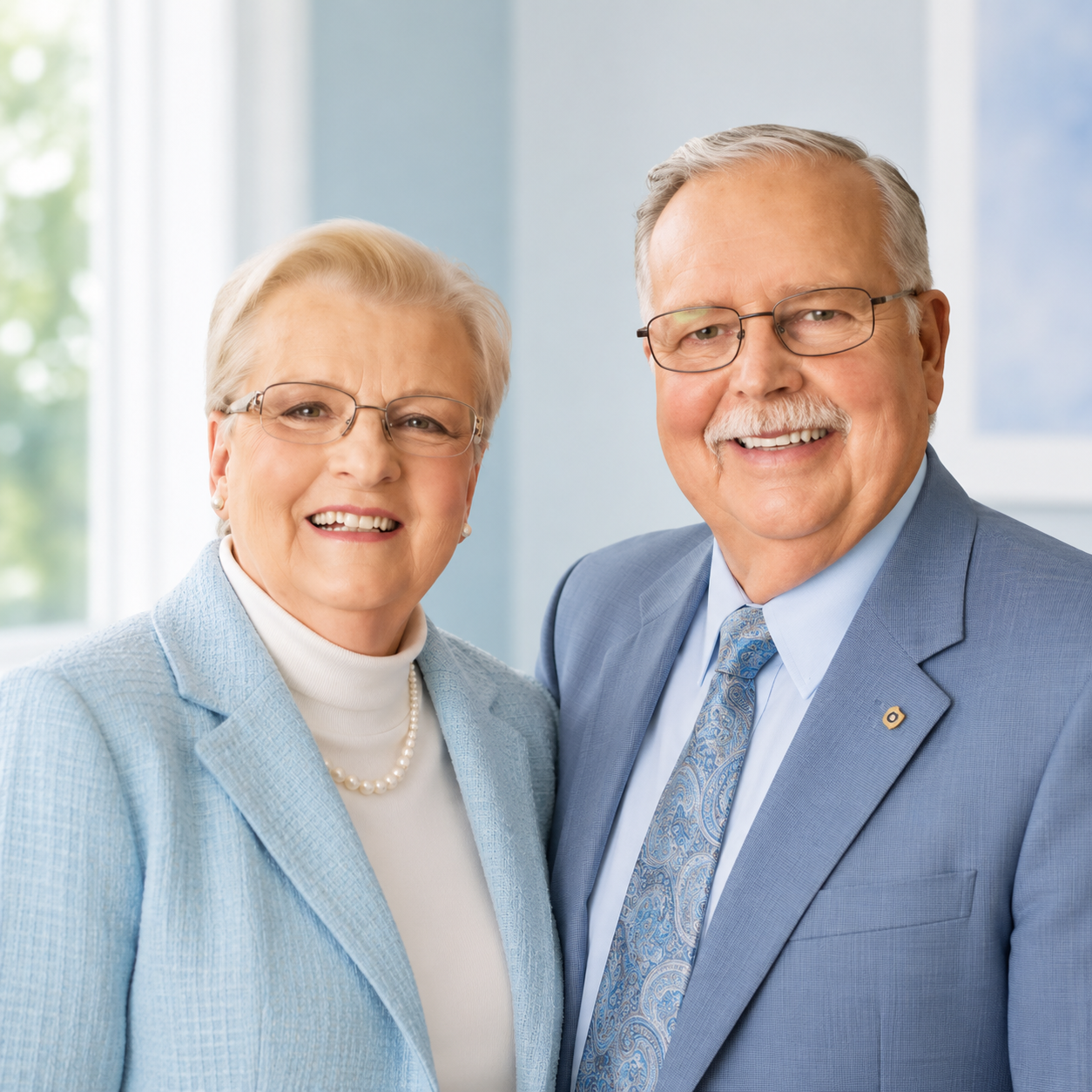 Smiling couple in light blue jackets posing together indoors with a bright window backdrop