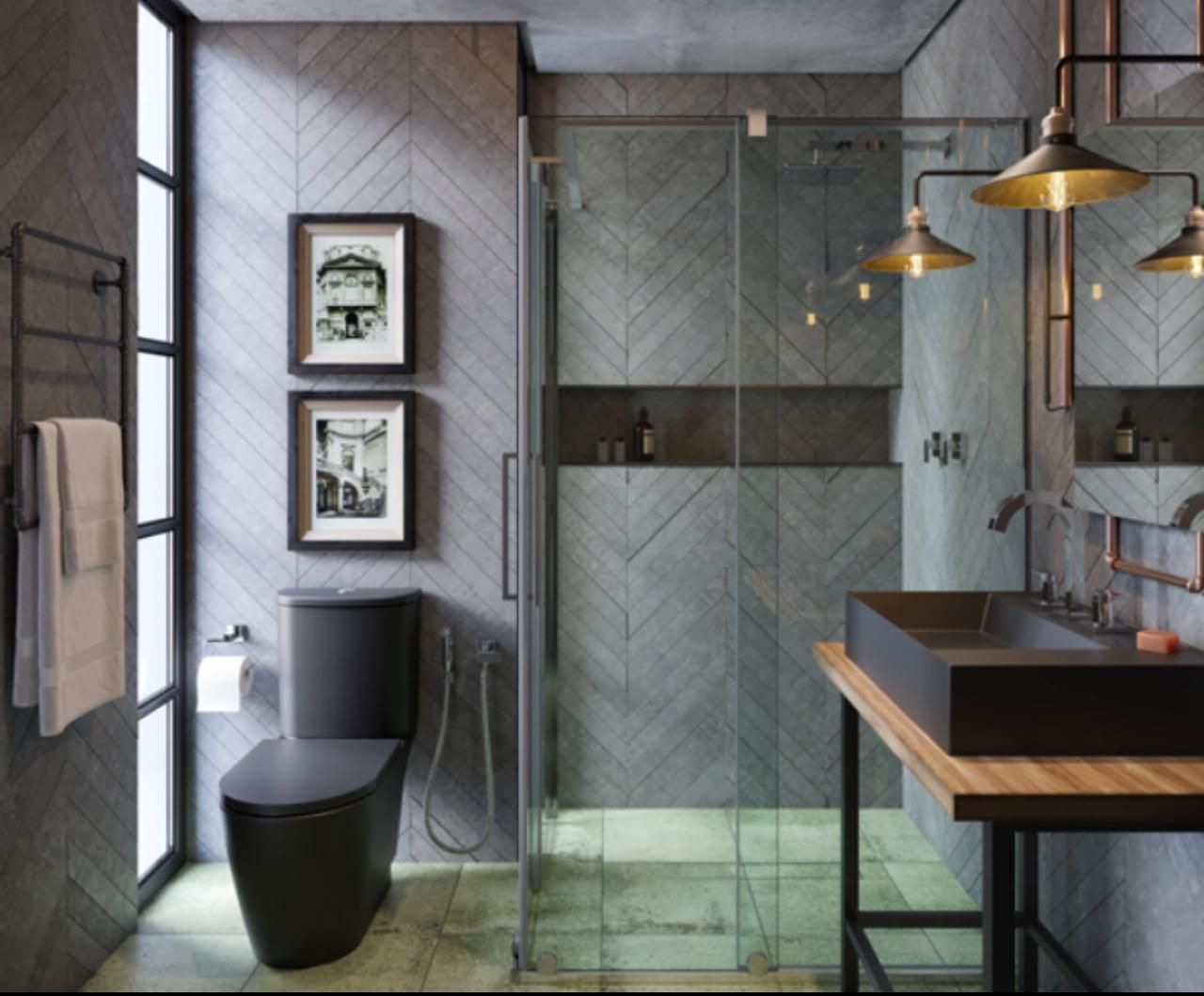 Un baño con inodoro, lavabo y ducha a ras de suelo.