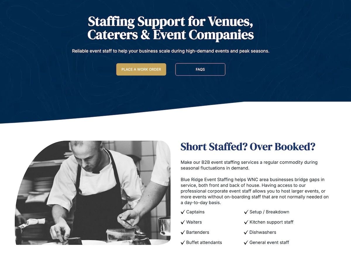 Screenshot showing B2B event staffing page on website