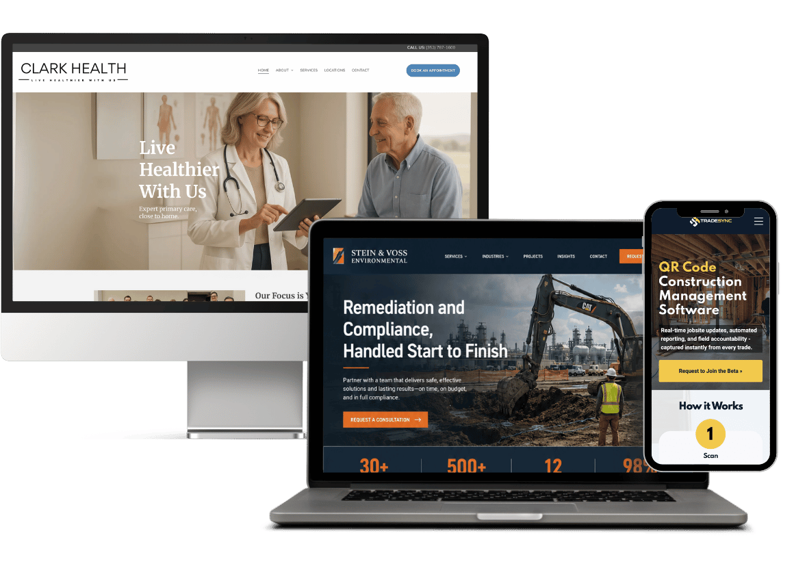 Duda web design agency screenshots - healthcare website, environmental consulting firm, construction company