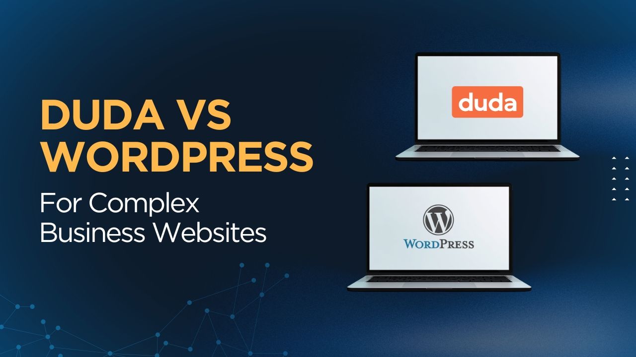 Duda vs WordPress comparison graphic for complex business websites, with laptop logos on blue background