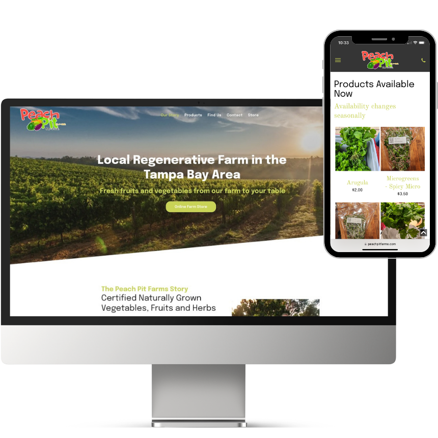 Website mockup on a computer and phone, showcasing a local farm's ecommerce website