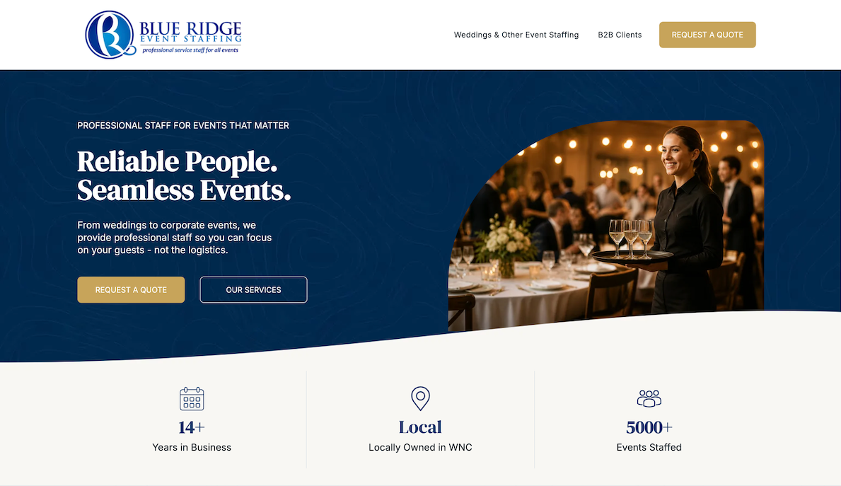Website homepage for a reliable people and seamless events service, with a banquet scene and blue-gold layout
