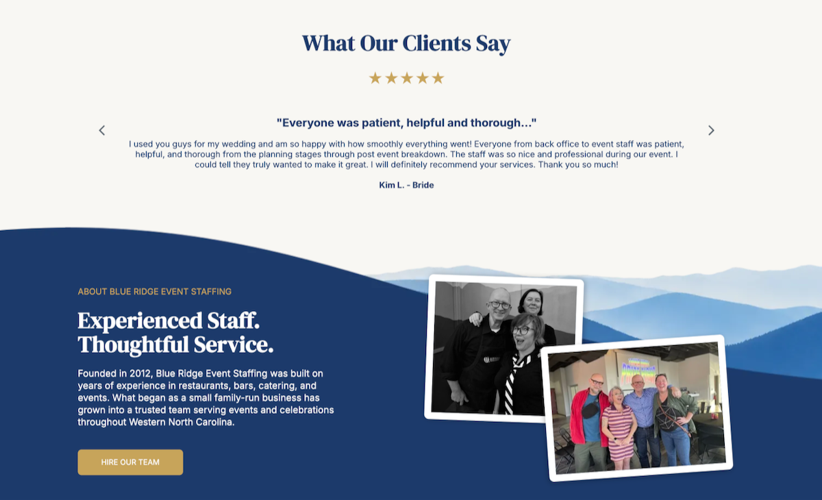 Website screenshot showing testimonials and about us section