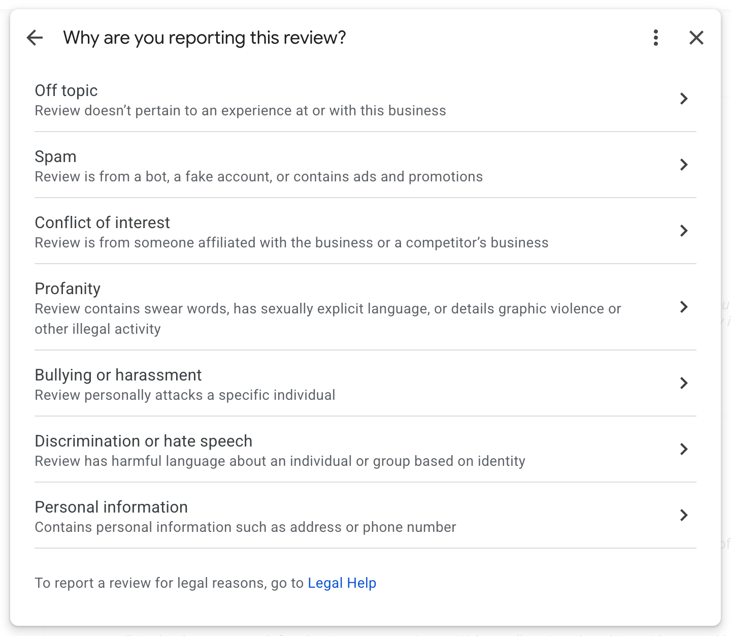 Shows a screenshot of the 'Why are you reporting this review?