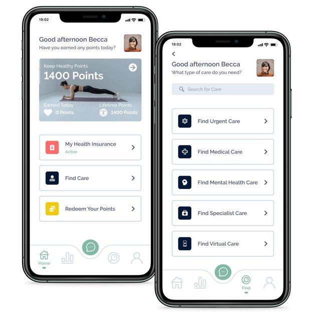 Two smartphone app screens showing a rewards dashboard and a service menu on white backgrounds