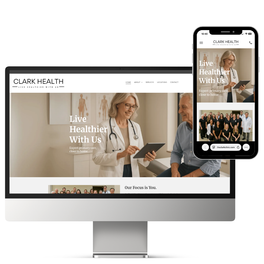 Clark Health website on a desktop and phone screen, featuring a doctor with a patient and a staff photo.
