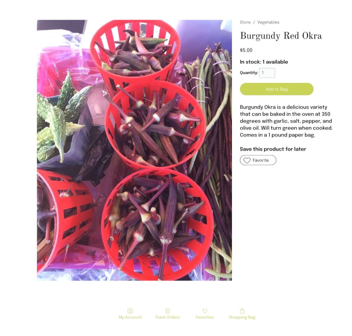 Red basket of burgundy okra on a product page with price and purchase button