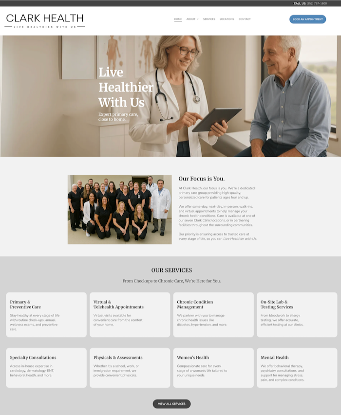 Clark Health website homepage with hero banner, staff photo, about section, and service cards