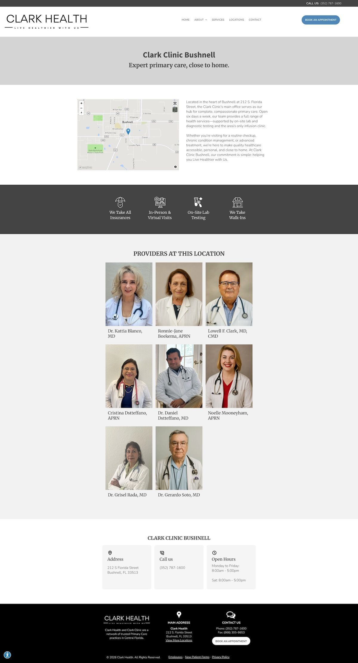Multi-location primary care clinic - individual location page showing services offers, providers at the location, and contact details.