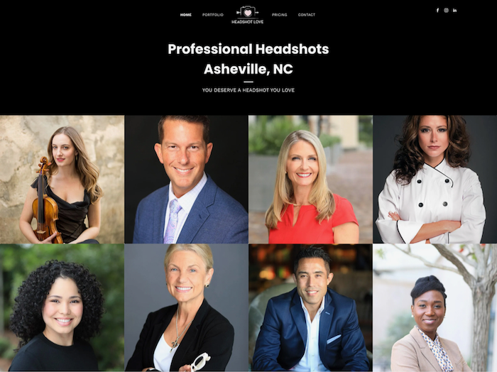 Headshots of diverse professionals in Asheville, NC, displayed on a website; black background.