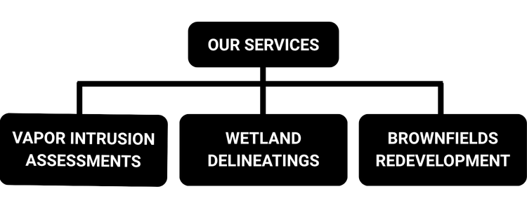 Service page flowchart with “Our Services” branching to vapor intrusion assessments, wetland delineatings, and brownfields redevelopment
