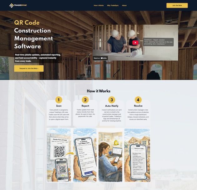 QR code construction management software webpage with demo screenshots and a hero banner of workers on-site