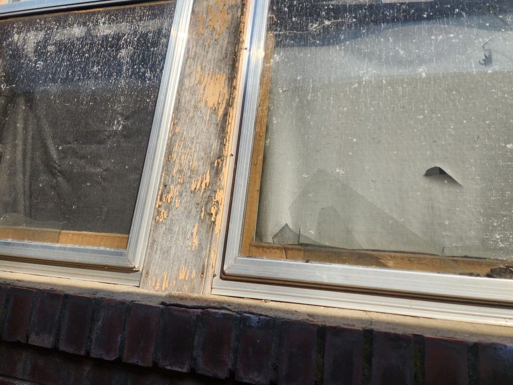 Two dusty window panes with rusted frames above dark siding.