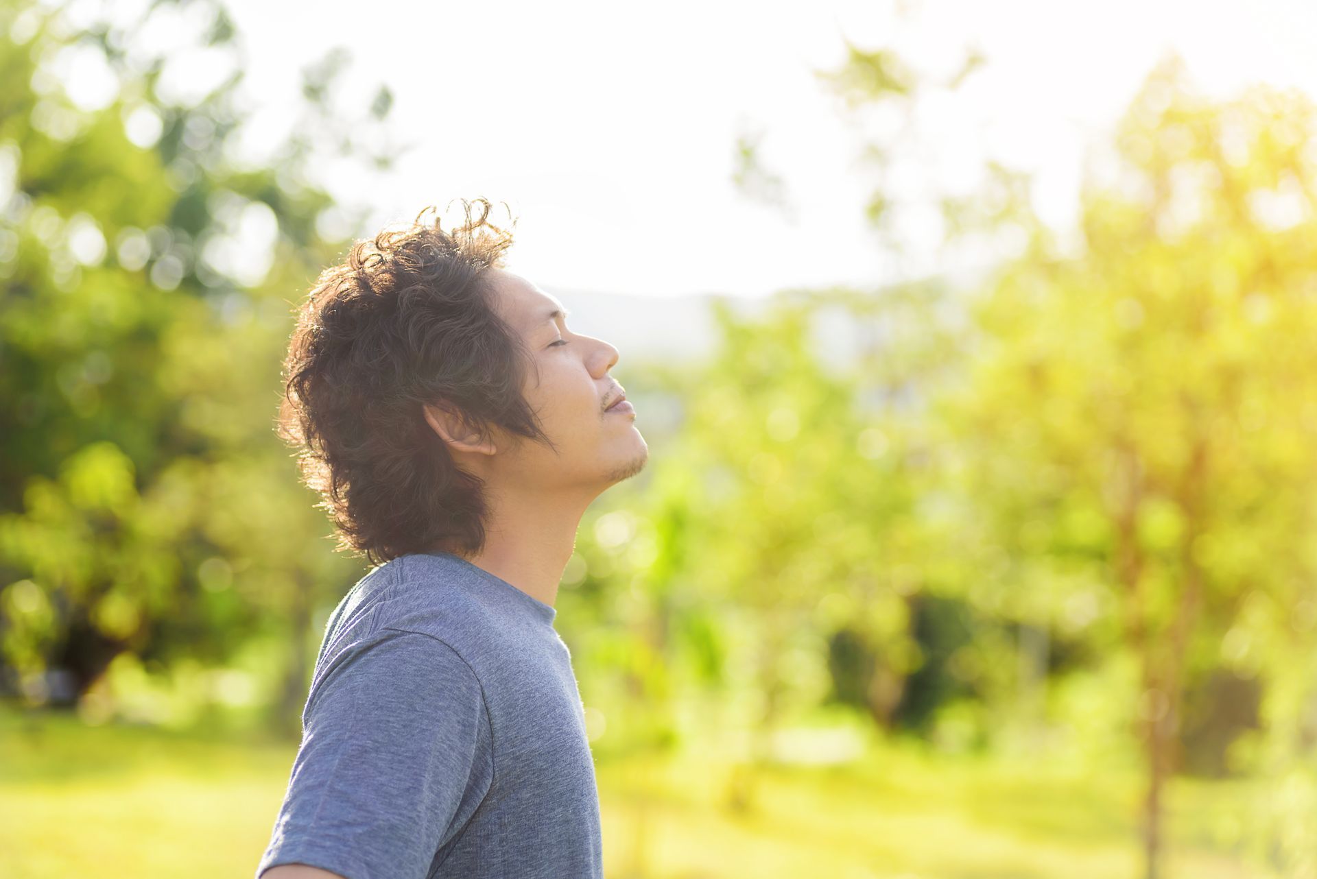 Person in a blue shirt looking up in a sunlit green field