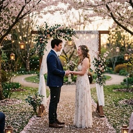 Couple exchanging vows under a floral arch in a garden at sunset