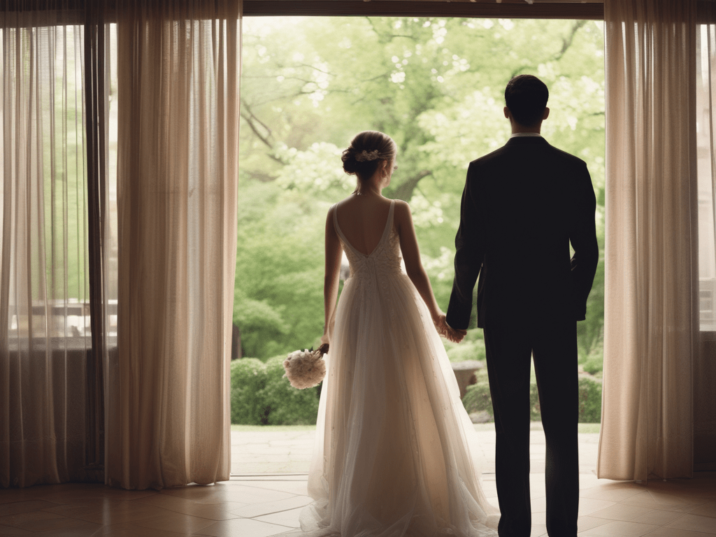 Bride and groom holding hands at a doorway, facing a sunlit garden