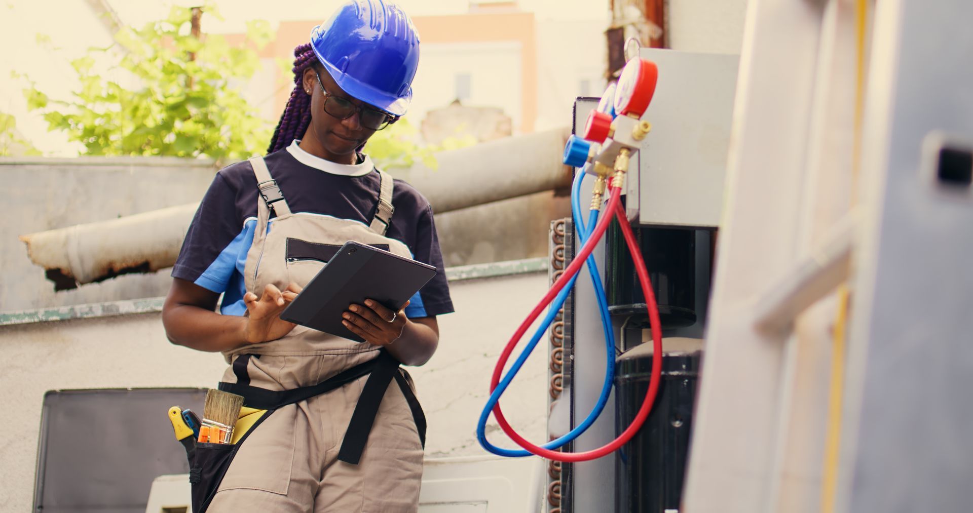 HVAC technician checks AC pressure gauges while servicing a condenser
