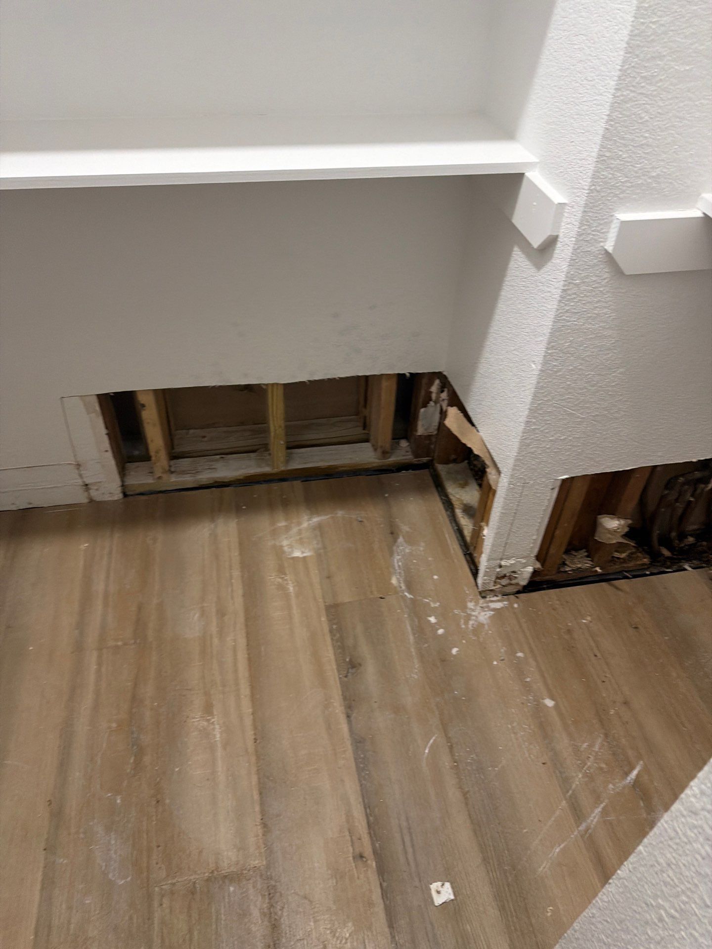 Damaged wall and baseboard with exposed wood framing above a wood-look floor in a hallway corner