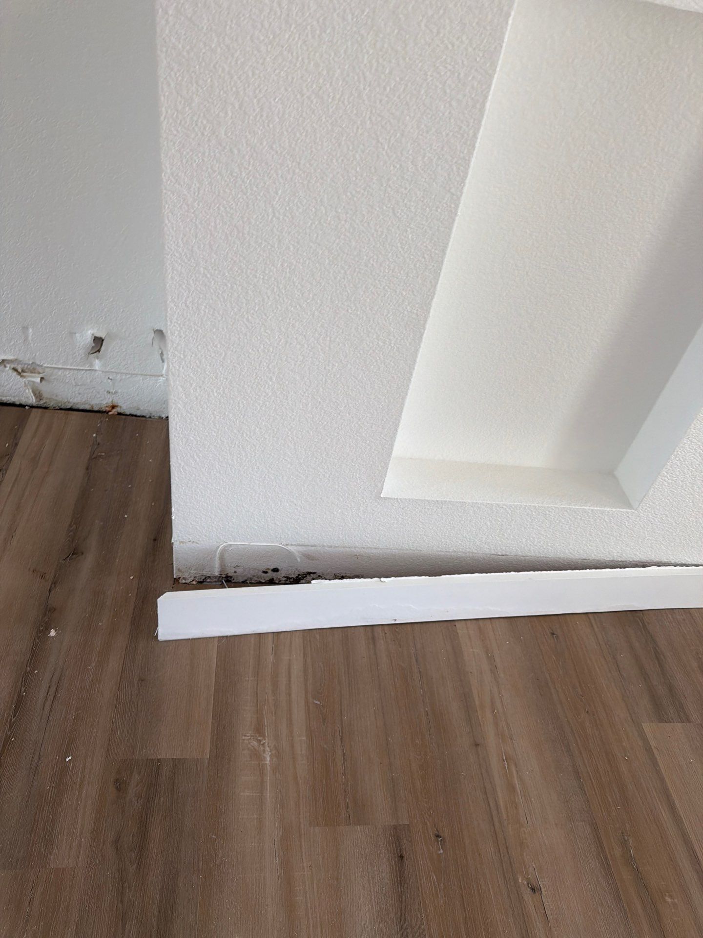 Close-up of a white wall and baseboard meeting a wood floor, with a gap and peeling trim near the corner.