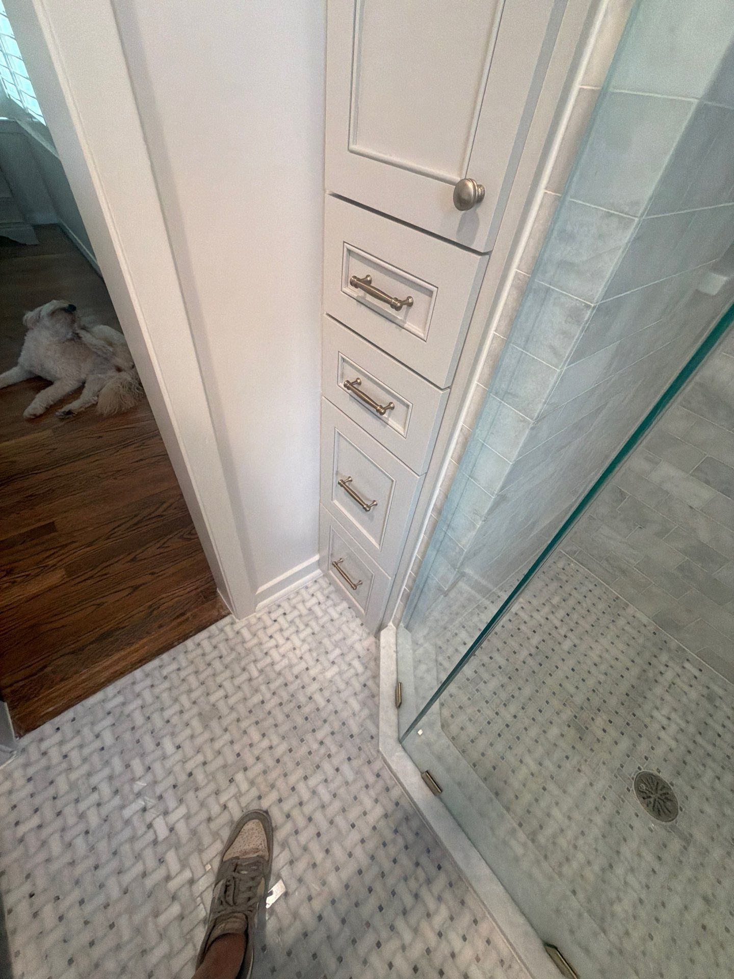 Small bathroom shower entrance with glass door, white tiled floor, and a dog visible in the doorway
