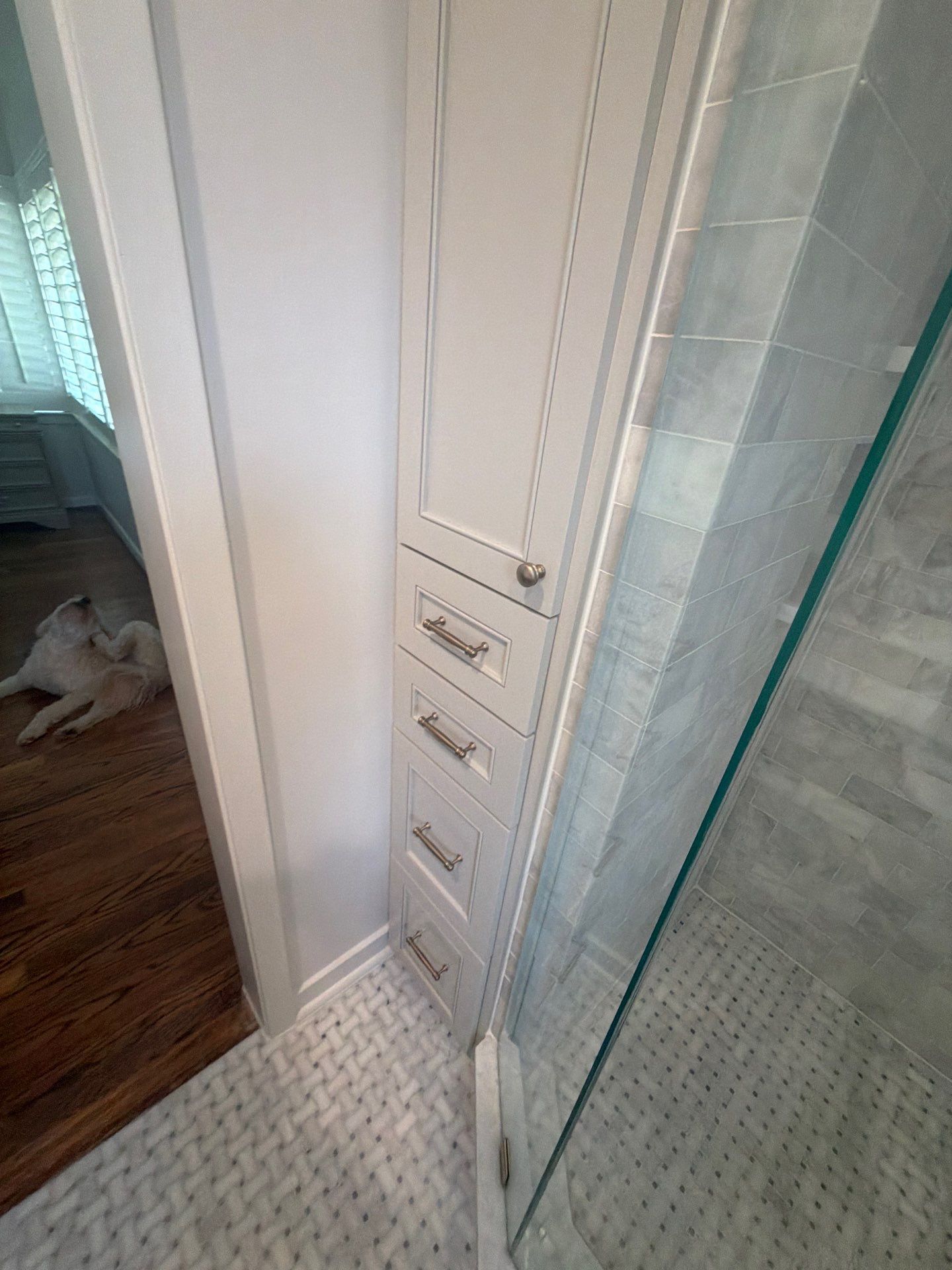 Narrow bathroom corner with shower tile, built-in wall shelves, and a doorway to a room with a dog on the floor