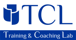 Logo per Training & Coaching Lab: testo "TCL" blu, forma astratta blu e testo "Training & Coaching Lab" in basso.