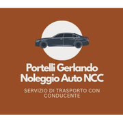 Logo di Portelli Gerlando Noleggio Auto NCC su sfondo marrone con auto nera e cerchio bianco; servizio di trasporto con autista