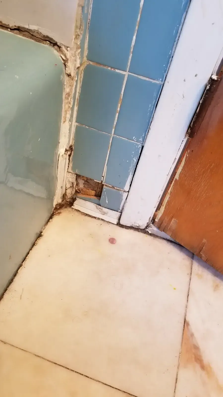 Narrow bathroom corner with blue tile, white trim, and a damaged wall near the floor