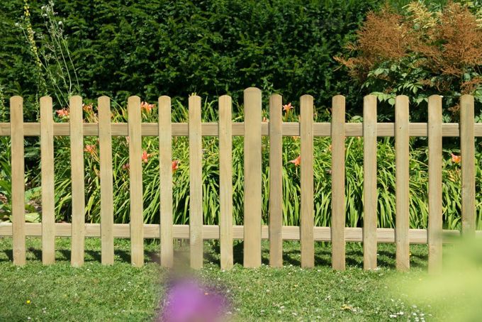 Wooden picket fence in front of green bushes and grass, with a blurred purple flower in the foreground