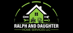 Logo for Ralph and Daughter Home Services LLC with a green house, tools, and two workers