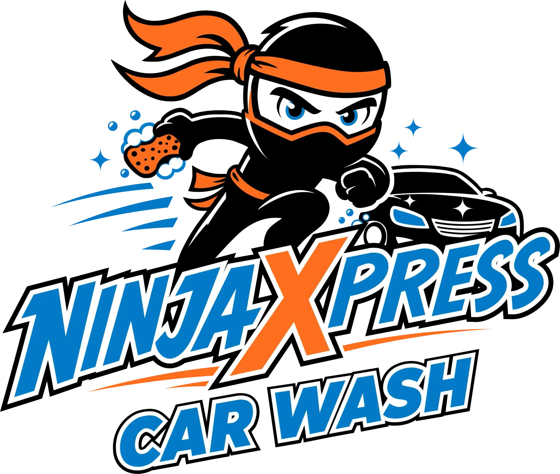 Ninja Xpress Car Wash Logo with Ninja Mascot