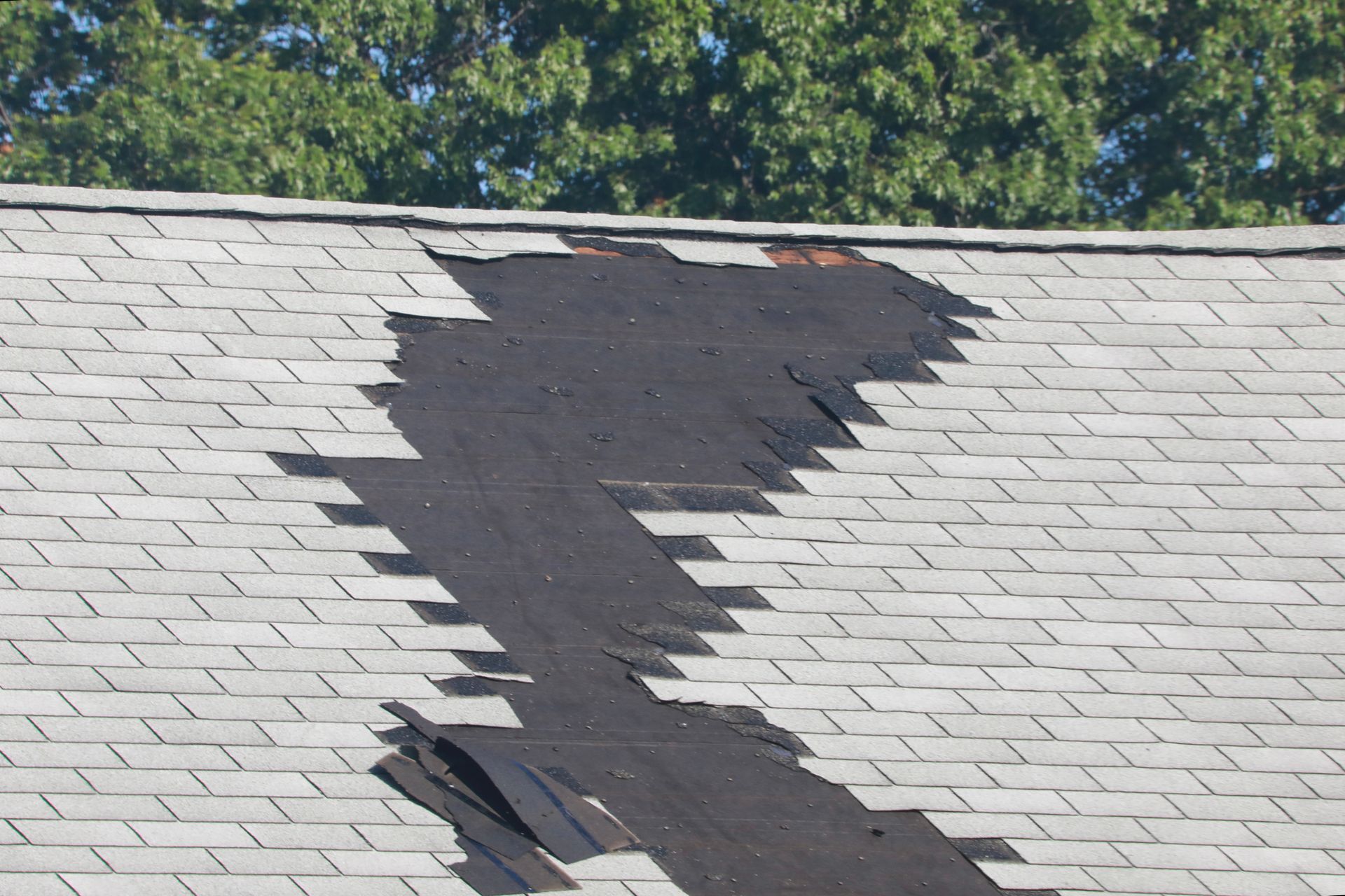 Storm-damaged roof with missing shingles, in need of roofer repair service, with trees behind.